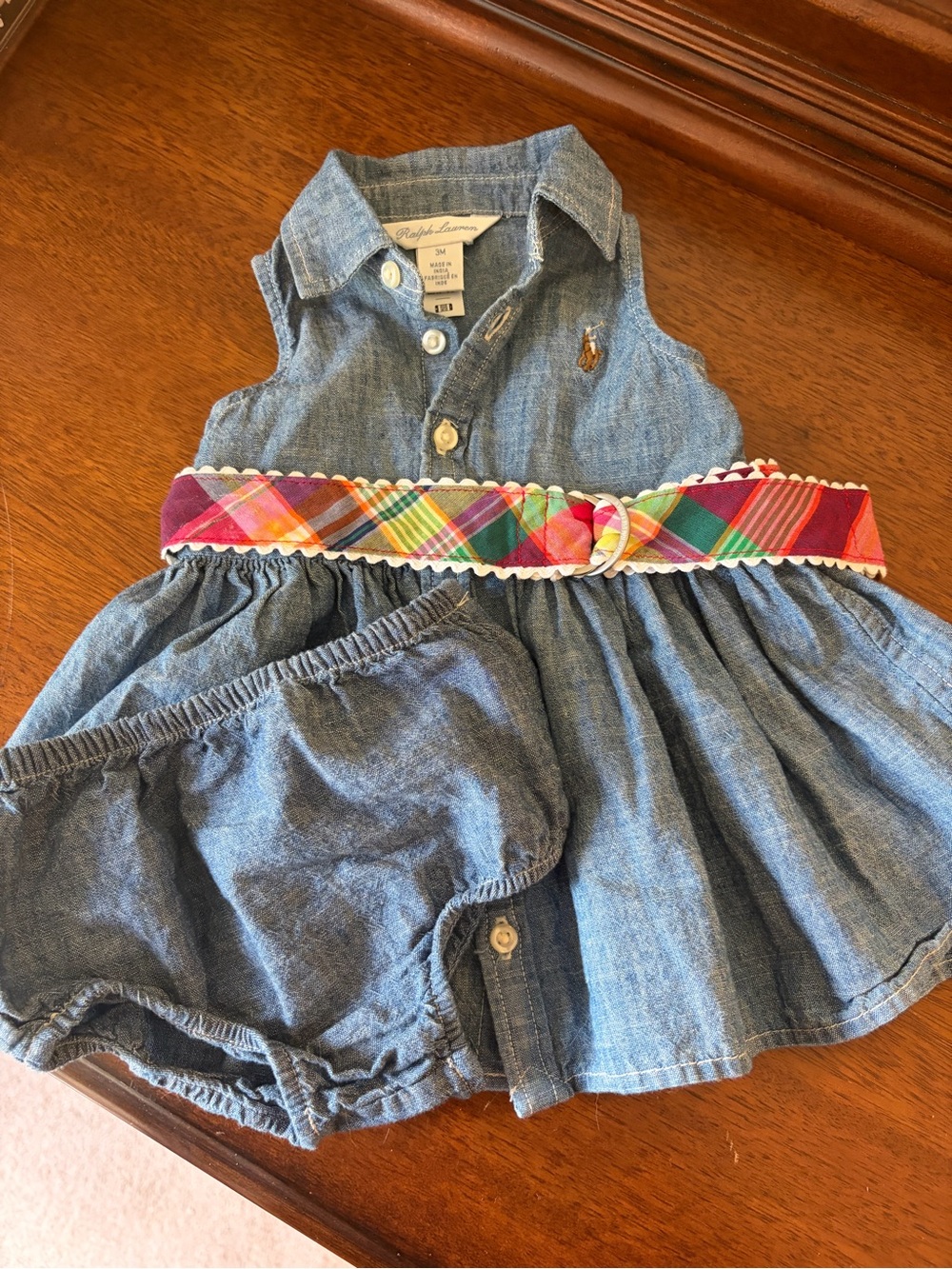 Ralph Lauren Denim Dress with Bright Multicolor Plaid Belt